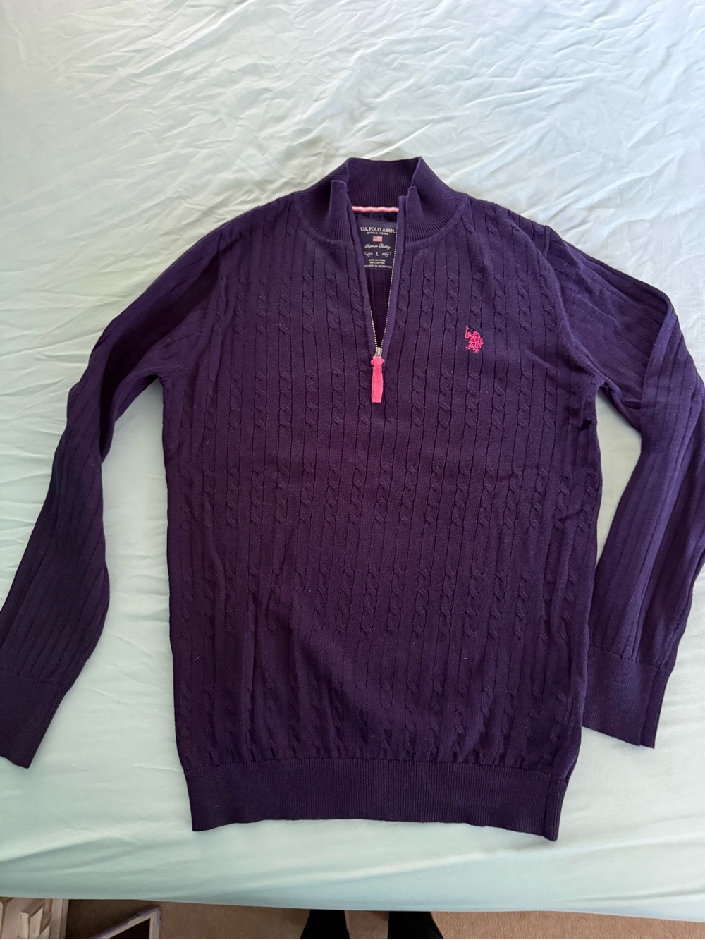 U.S. Polo Assn. Blue Cable-Knit Half-Zip Sweater with Pink Accents